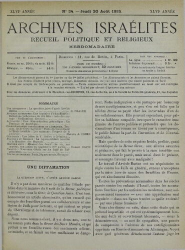 Archives israélites de France. Vol.46 N°34 (20 août 1885)
